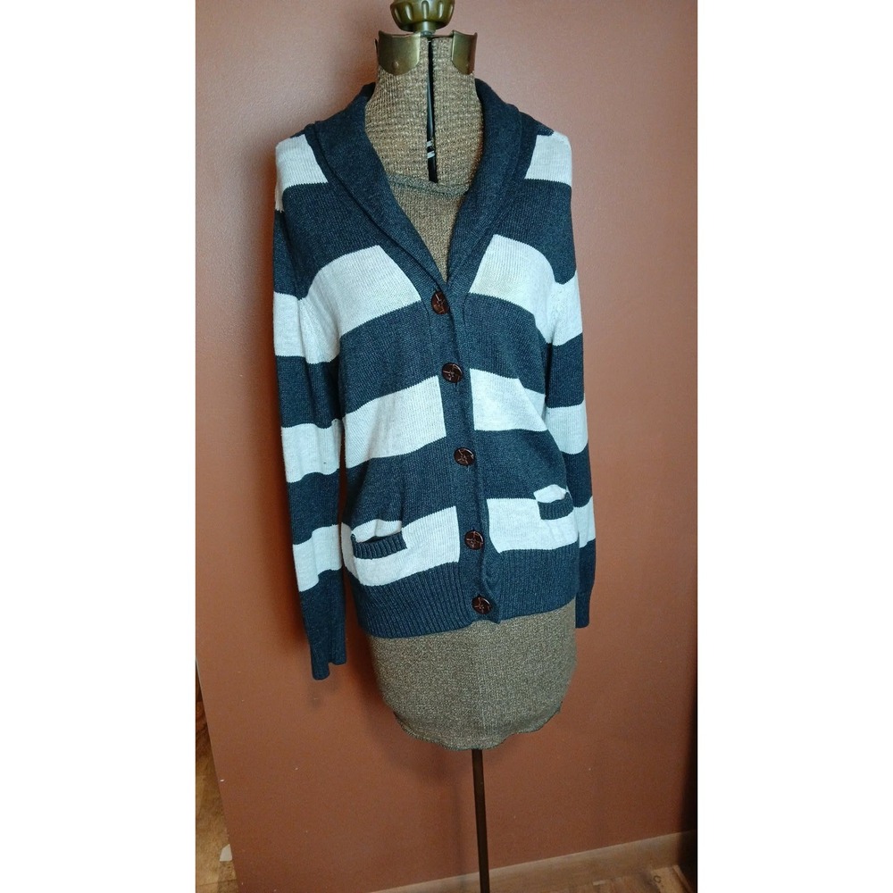 Tommy Hilfiger Womens Navy Blue Grey Striped Shawl Collar Cardigan Sweater Large